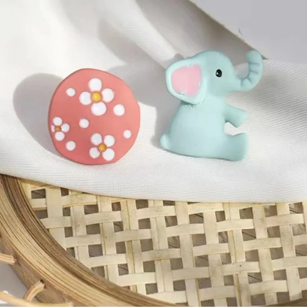 Blue Sitting Baby Elephant- Cartoon Safari Jungle Floral Medallion Mismatch Stud